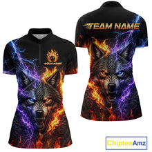 Load image into Gallery viewer, Custom fire lightning wolf bowling jersey for women, personalized team bowling quarter zip shirt front view and back view 