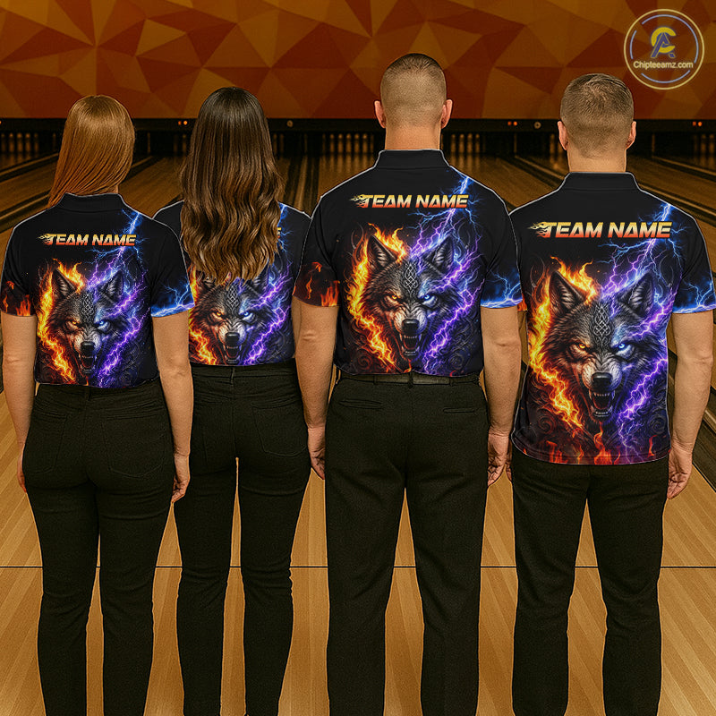 Group of bowlers in fire lightning wolf team shirts, personalized bowling uniforms back view.