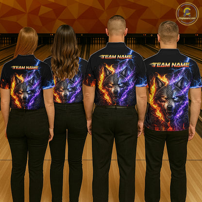 Group of bowlers in fire lightning wolf team shirts, personalized bowling uniforms back view.