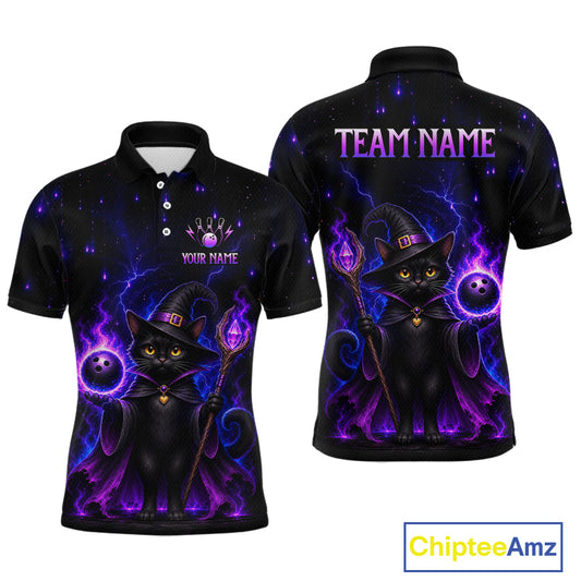 Custom black short-sleeve polo shirt shown from the front and back, featuring a graphic of a black cat dressed as a witch surrounded by purple and blue lightning effects, with customizable text areas.