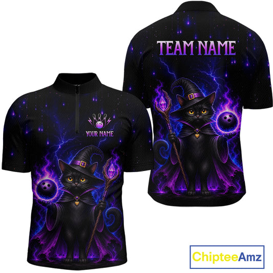 Front and back views of a black short-sleeve polo shirt with a wizard cat graphic, purple lightning effects, and customizable text areas reading 'TEAM NAME' and 'YOUR NAME'.