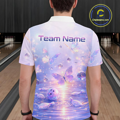 Custom Butterfly Pastel Purple Bowling Shirts For Men, Bowling Team Shirt With Butterflies HNT278