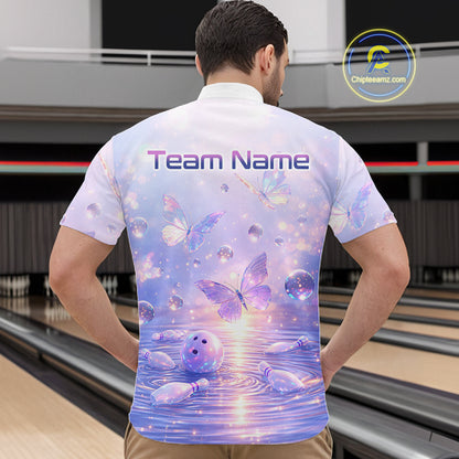 Custom Butterfly Pastel Purple Bowling Shirts For Men, Bowling Team Shirt With Butterflies HNT278