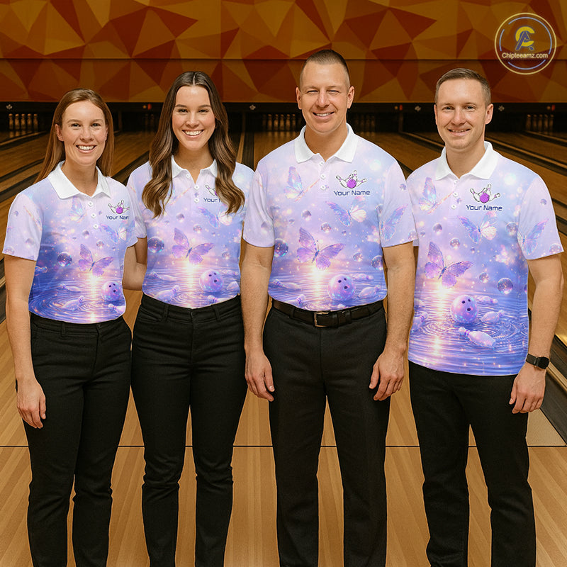 Custom Butterfly Pastel Purple Bowling Shirts For Men, Bowling Team Shirt With Butterflies HNT278