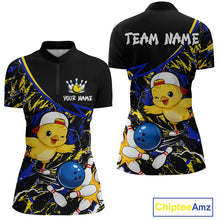 Load image into Gallery viewer, Bowling-themed shirt with cartoon chicken design and customizable text on a black background