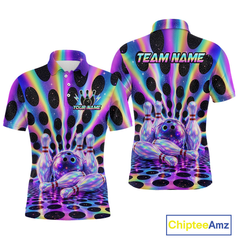 Custom neon cosmic bowling jersey for men, personalized team bowling polo shirt front view and back view