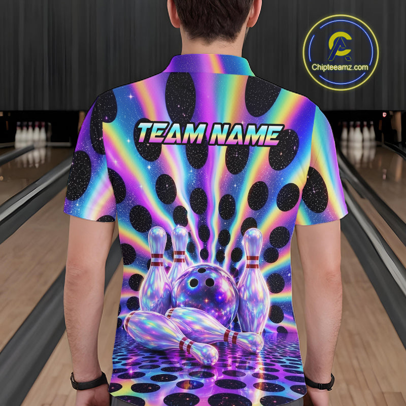 Men’s neon cosmic bowling polo shirt, back view on male model in bowling lane 
