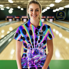 Load image into Gallery viewer, Women’s neon cosmic bowling polo shirt, front view on female model in bowling lane 
