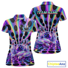 Load image into Gallery viewer, Custom neon cosmic bowling jersey for women, personalized team bowling polo shirt front view and back view