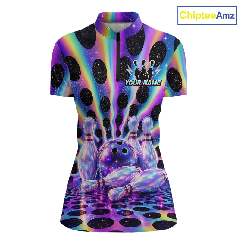 Custom neon cosmic bowling jersey for women, personalized team bowling quarter zip shirt front view