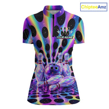 Load image into Gallery viewer, Custom neon cosmic bowling jersey for women, personalized team bowling quarter zip shirt front view