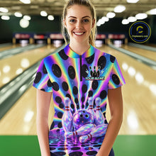 Load image into Gallery viewer, Women’s neon cosmic bowling quarter zip shirt, front view on female model in bowling lane 