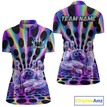 Load image into Gallery viewer, Custom neon cosmic bowling jersey for women, personalized team bowling quarter zip shirt front view and back view