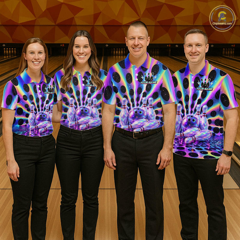Group of bowlers inneon cosmic team shirts, personalized bowling uniforms front view.