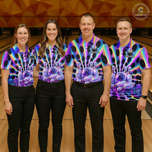 Load image into Gallery viewer, Group of bowlers inneon cosmic team shirts, personalized bowling uniforms front view.