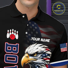 Load image into Gallery viewer, Black polo shirt with American flag design, eagle, and bowling elements, featuring 'Your Name' text.