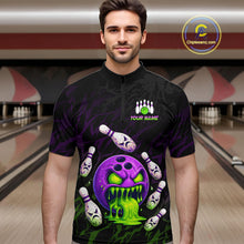 Load image into Gallery viewer, Man wearing a custom bowling shirt with a design and placeholder text 'Your Name' in a bowling alley.