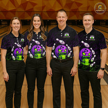 Load image into Gallery viewer, Four people wearing matching bowling shirts with a colorful design on a bowling alley.