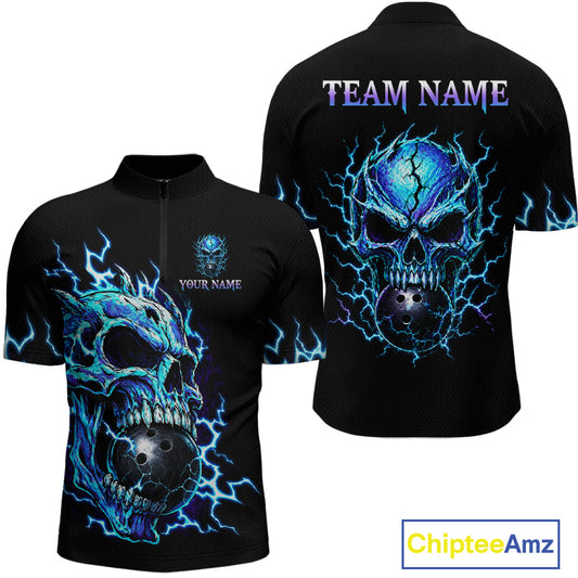 Black short-sleeve zip-up cycling jersey shown from the front and back, featuring a large blue and purple skull with lightning graphics and customizable text placeholders.