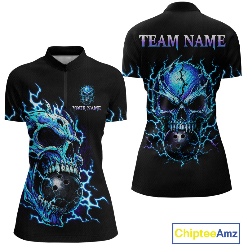 Black short-sleeve polo shirt shown from the front and back, featuring a large blue and purple skull graphic with lightning effects, customizable text on the chest, and 'TEAM NAME' printed across the upper back. A ChipteeAmz logo appears in the bottom right corner.