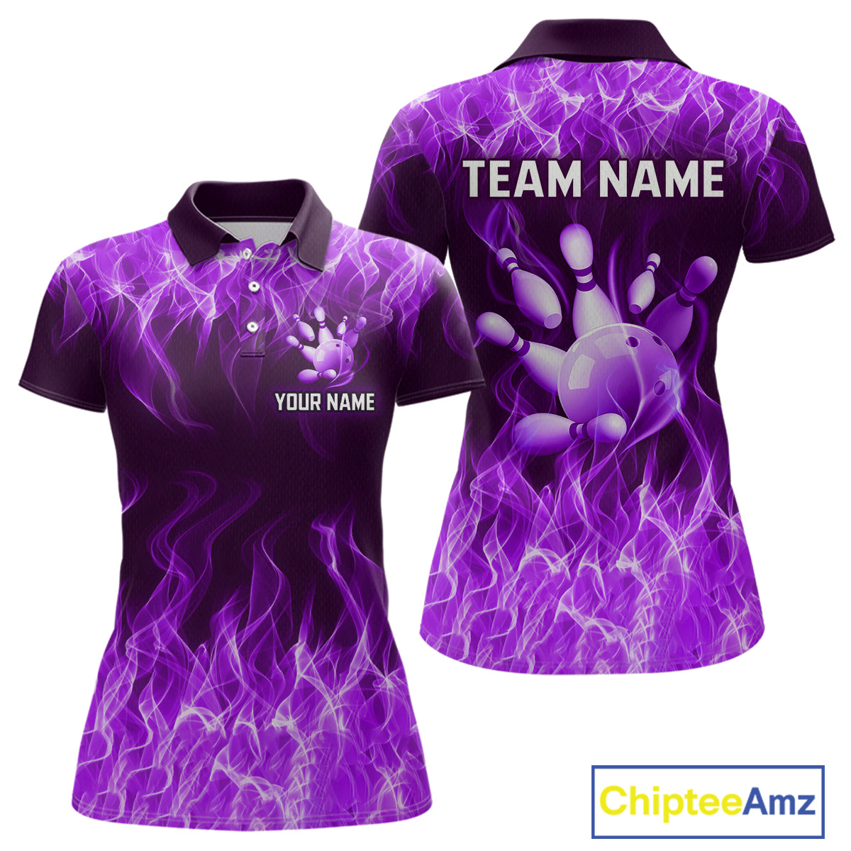 Custom Purple Flame Bowling Jersey for Women Polo & 1/4 Zip Bowling Team Shirts Bowling League HNT150