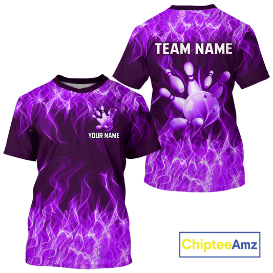 Purple bowling jersey with flame design and customizable text on a white background, featuring the brand 'Chiptee Amz'.