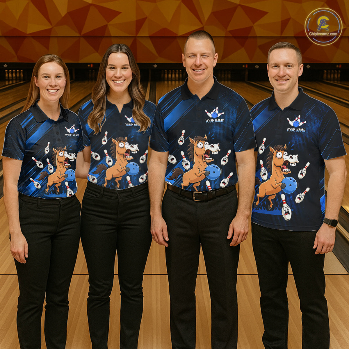 Custom Blue Funny Horse Bowling Jersey for Men Bowling Team Shirts Bowling Tournament HNT184