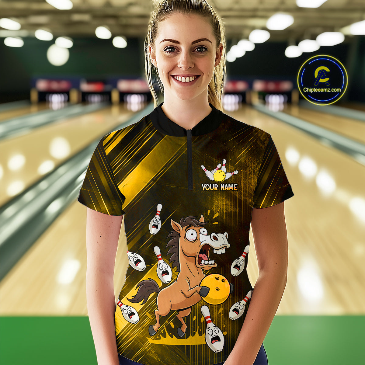Custom Yellow Funny Horse Bowling Jersey for Women Bowling Team Shirts Bowling Tournament HNT184