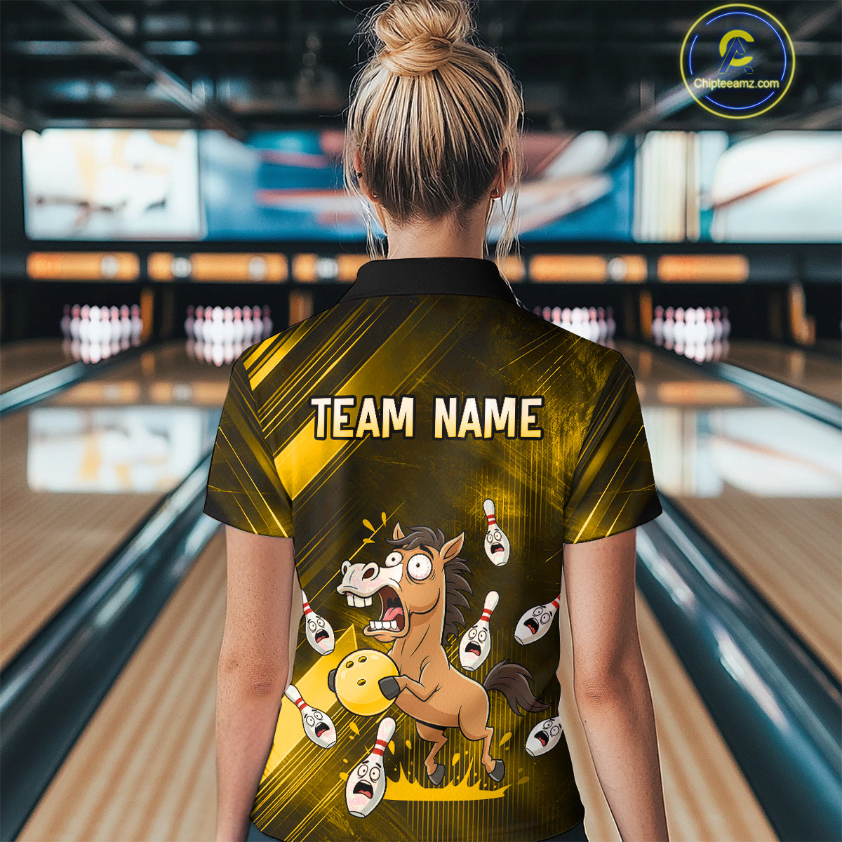 Custom Yellow Funny Horse Bowling Jersey for Women Bowling Team Shirts Bowling Tournament HNT184