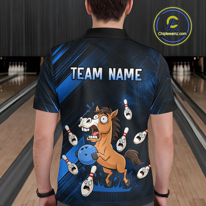 Custom Blue Funny Horse Bowling Jersey for Men Bowling Team Shirts Bowling Tournament HNT184
