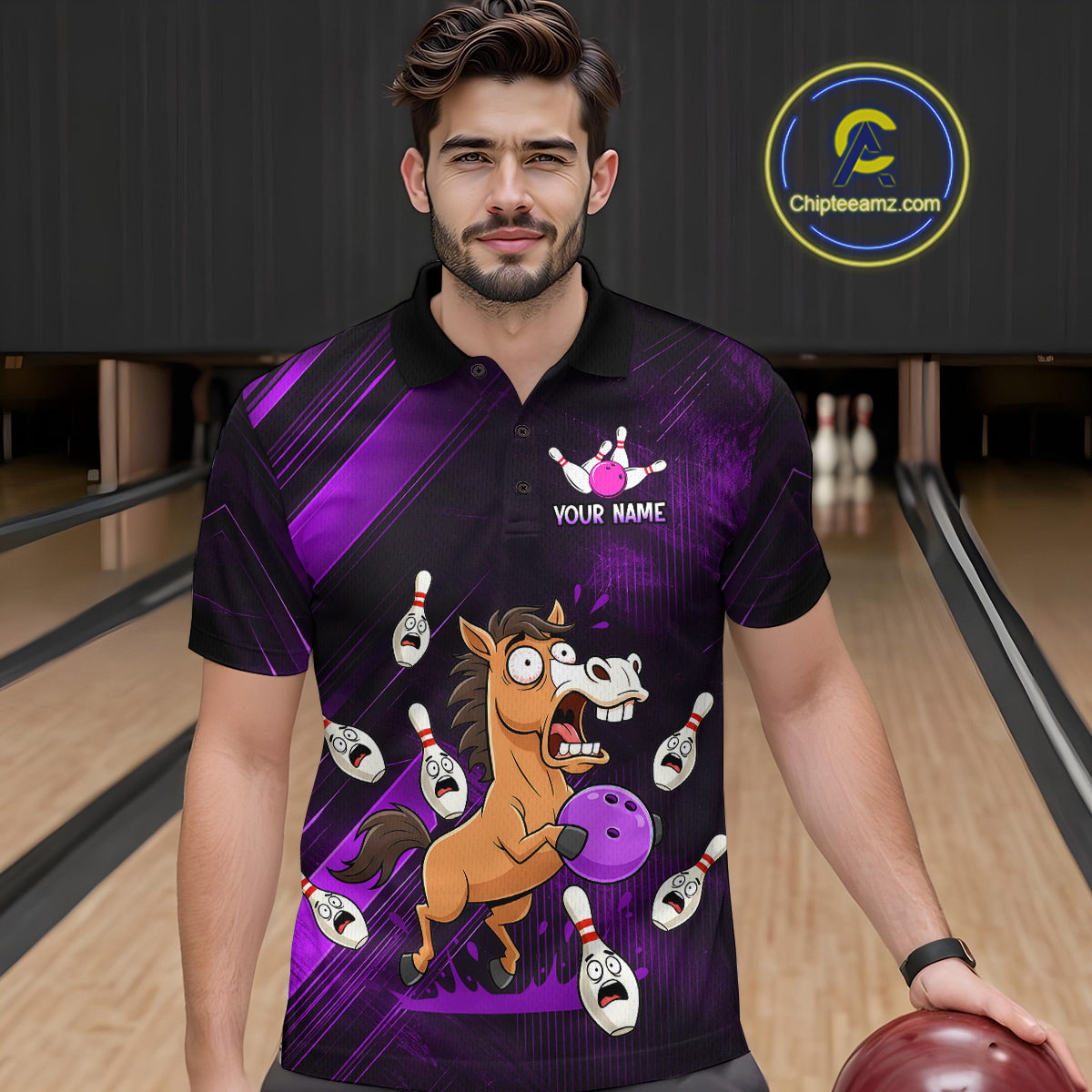 Custom Purple Funny Horse Bowling Jersey for Men Bowling Team Shirts Bowling Tournament HNT184