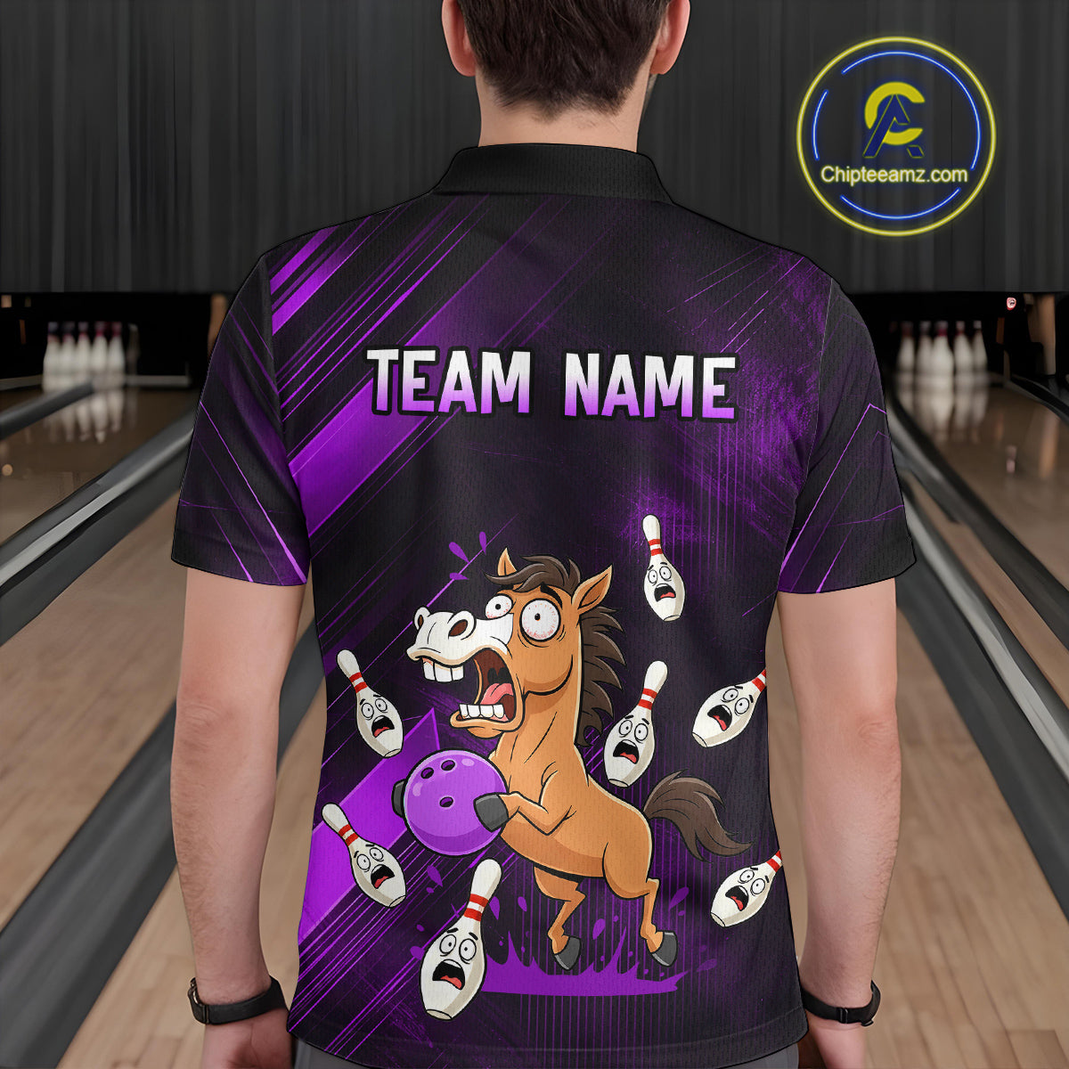 Custom Purple Funny Horse Bowling Jersey for Men Bowling Team Shirts Bowling Tournament HNT184