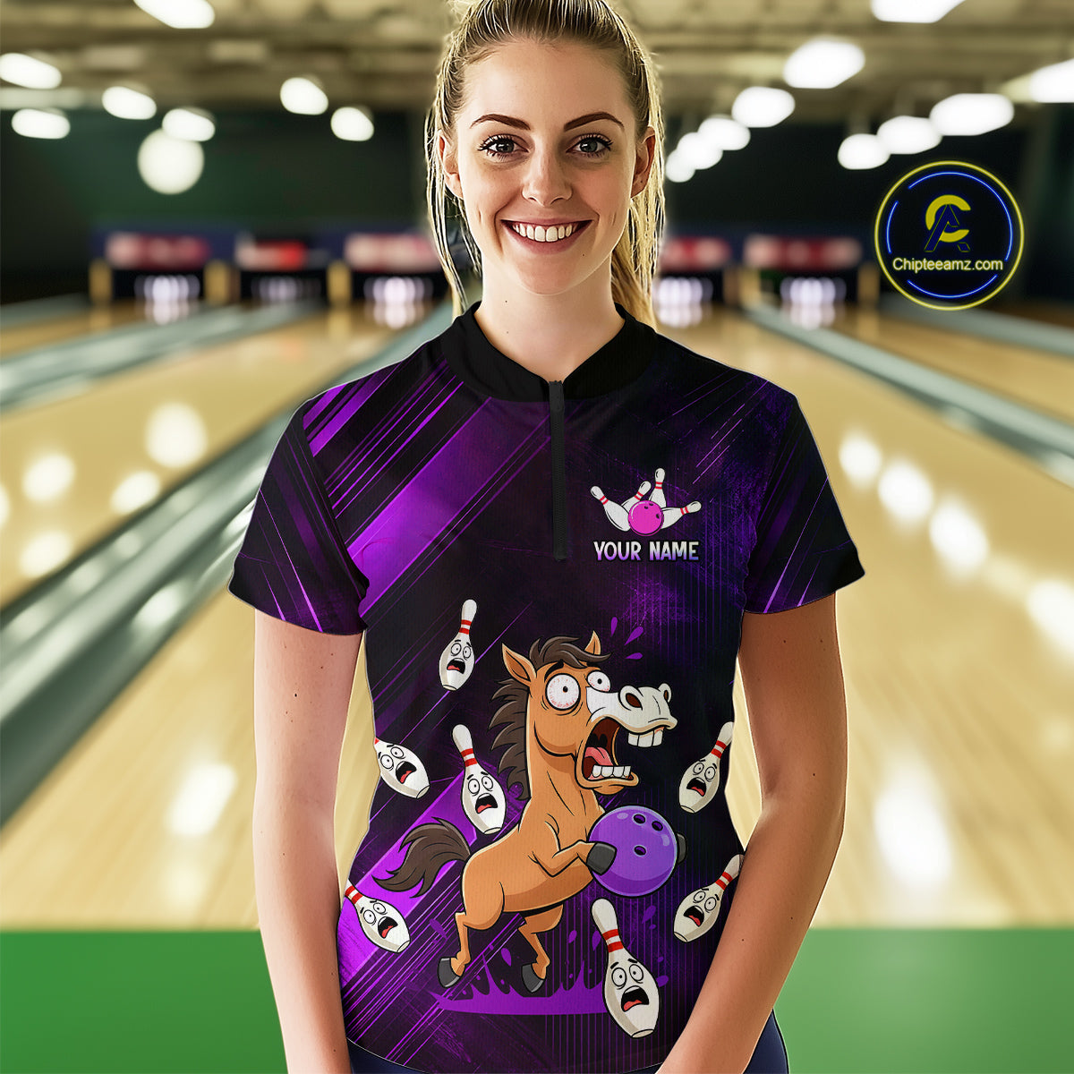 Custom Purple Funny Horse Bowling Jersey for Women Bowling Team Shirts Bowling Tournament HNT184