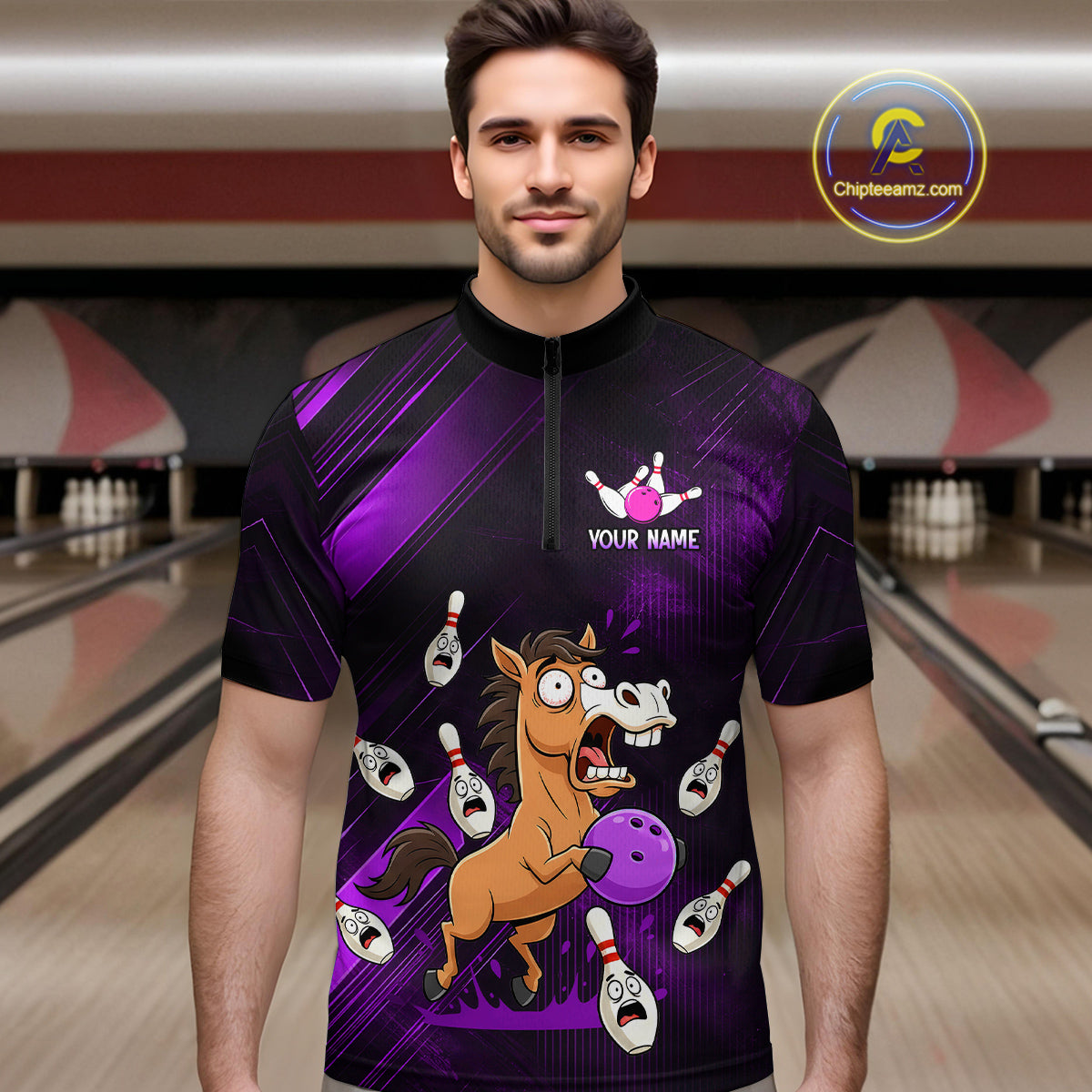 Custom Purple Funny Horse Bowling Jersey for Men Bowling Team Shirts Bowling Tournament HNT184