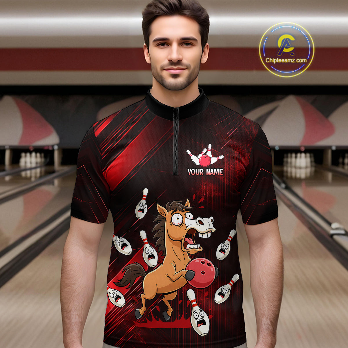 Custom Red Funny Horse Bowling Jersey for Men Bowling Team Shirts Bowling Tournament HNT184