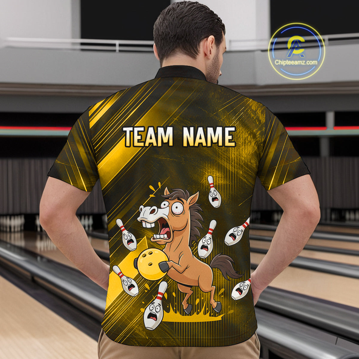 Custom Yellow Funny Horse Bowling Jersey for Men Bowling Team Shirts Bowling Tournament HNT184