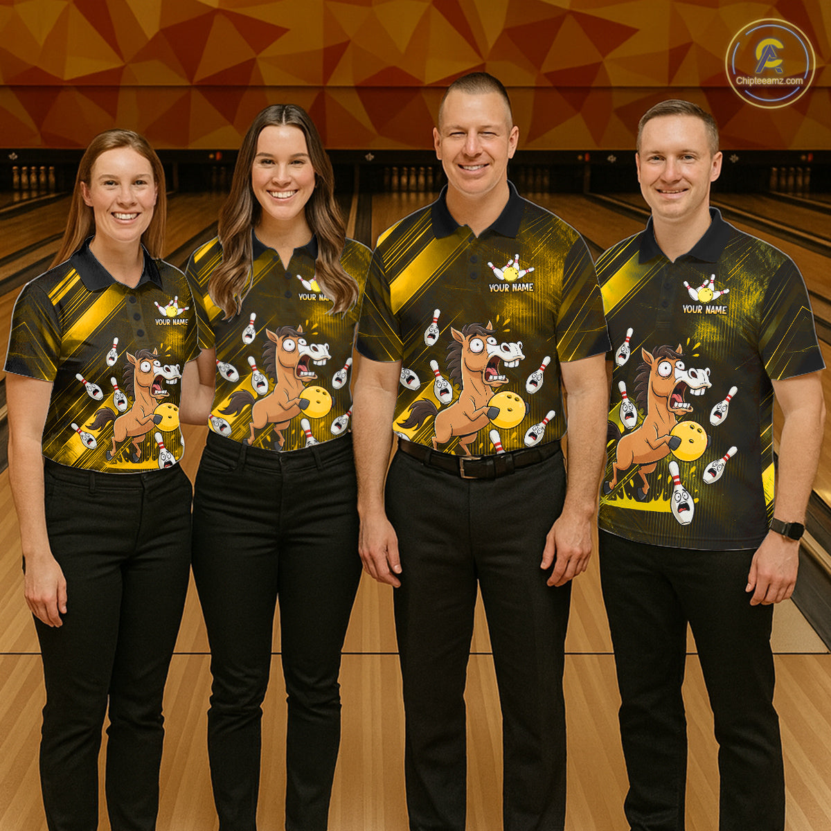 Custom Yellow Funny Horse Bowling Jersey for Women Bowling Team Shirts Bowling Tournament HNT184