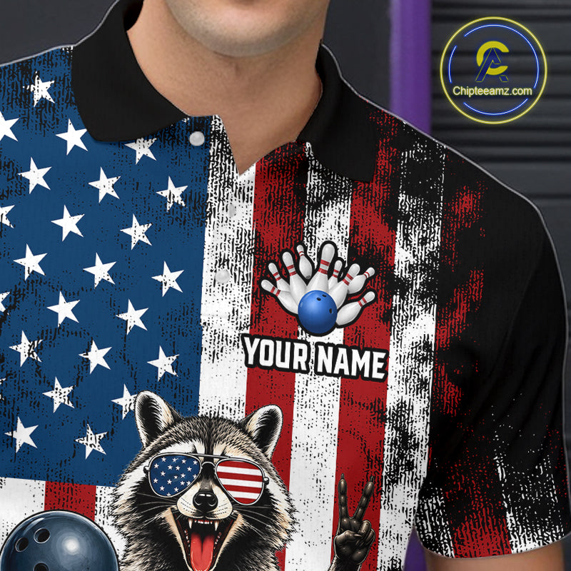 Men’s us flag raccoon bowling polo shirt with custom name, angled front view showing custom team design 
