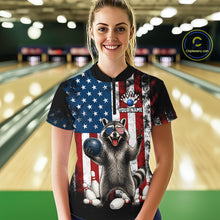 Load image into Gallery viewer, Women’s us flag raccoon bowling quarter zip shirt, front view on female model in bowling lane 