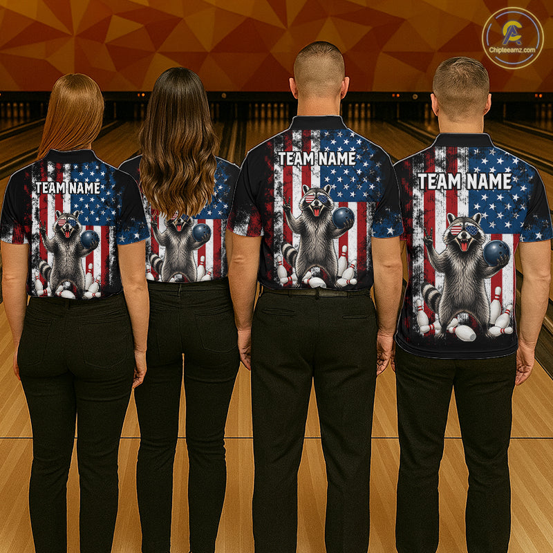 Group of bowlers in us flag raccoon team shirts, personalized bowling uniforms back view.