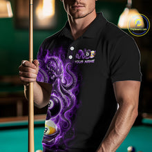 Load image into Gallery viewer, Man wearing a black polo shirt with a purple design and 'Your Name' text, holding a pool cue on a billiards table.
