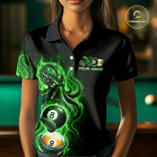 Load image into Gallery viewer, Black polo shirt with green and black design featuring billiard balls on a pool table background.