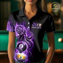 Load image into Gallery viewer, Person wearing a black polo shirt with a purple and black design featuring billiard balls on a pool table background.