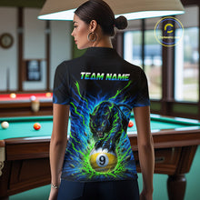 Load image into Gallery viewer, Woman wearing a black t-shirt with a colorful design of a panther and number 9 ball in a pool hall.