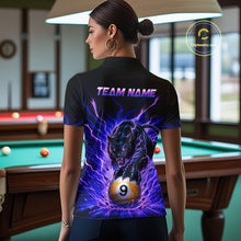 Load image into Gallery viewer, Person wearing a black t-shirt with a purple and blue design featuring a panther and number 9 ball, in a pool hall.