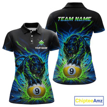 Load image into Gallery viewer, Black polo shirt with panther and billiard ball design, customizable text, and Chiptee Amz branding.