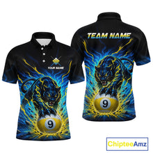 Load image into Gallery viewer, Black polo shirt with panther and pool ball design on front and back, customizable text, Chiptee Amz brand visible.