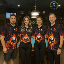 Load image into Gallery viewer, Four people wearing matching polo shirts with a fire design and number 8 ball in a pool hall.