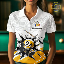 Load image into Gallery viewer, White polo shirt with a 9-ball pool design and customizable text, worn by a person in a pool hall setting.
