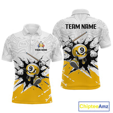 Load image into Gallery viewer, White and yellow polo shirt with billiard ball design and 'Team Name' text on a white background